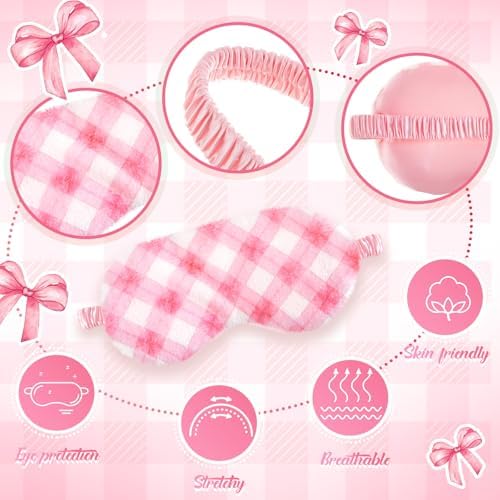 Cuffbow 6 Pack Fuzzy Sleep Masks Plush Eye Mask,Plaid Bow,Pink - Image 3