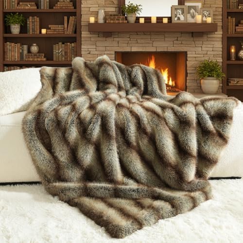 HORIMOTE HOME Luxury Plush Blanket, Soft & Cozy Fur Throw Blanket for Couch, Bed and Sofa, Fluffy Faux Fur Throw, with Shed-Free Design, 50x60 Inches Decorative Blankets, Brown Taupe Stripes by HORIMOTEHOME
