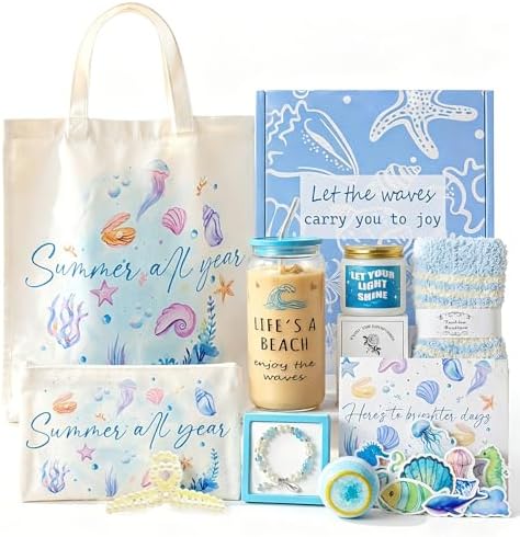 Gifts for Women, 10pcs Ocean Themed Happy Birthday Gifts for Women, Gift Basket Filled with Beach Lover Essentials Blue Ideas Inspirational w/ Seashell Tote Bag Thinking of You for Mom Sister Friend by TFHESIRUUTFH
