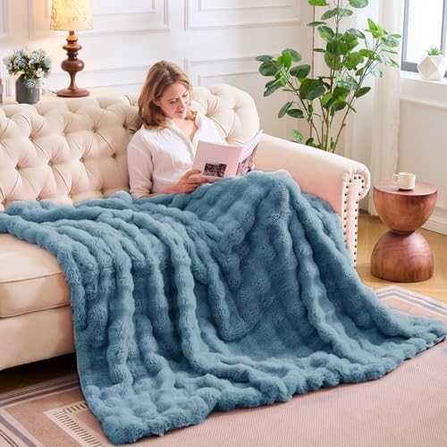 Lotus Karen Fuzzy Throw Blanket Blue - Big Bubble Faux Rabbit Fur Blanket for Couch,Softest Cozy Fluffy Blanket,Thick Furry Plush Shaggy Warm Blankets for Women,50x60 Inches - Image 7