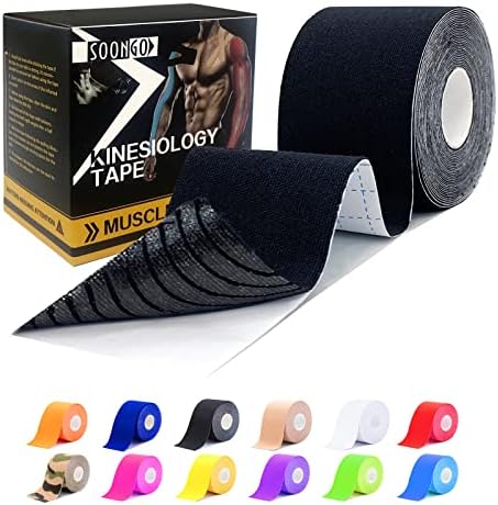 SOON GO Kinesiology Tape 1/2/5 Rolls, 2 Inch High Elasticity Sports Tape Therapeutic Pain Relief–Physio Tape for Muscle Recovery & Joint Support, Waterproof & Hypoallergenic & Breathable–Black by SOON+GO