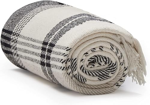 Americanflat 50x60 Throw Blanket - Soft and Breathable Cotton Throw Blanket for Couch, Bed, Chair - Decorative Blankets Perfect for Home, Office, or Outdoor Use - Black and Beige Plaid Design by Americanflat