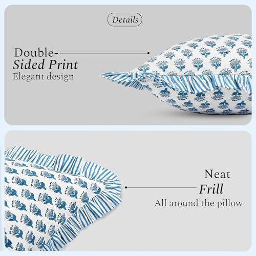 CPC Block Print Ruffle Throw Cover Apatite Blue 16"x16" Inch Pack of 2-100% Cotton Ruffle Couch Decorative Boho Pillows Case for Living Room, Bedroom, Sofa, Farmhouse Gift for Spring, Mother's Day - Image 2