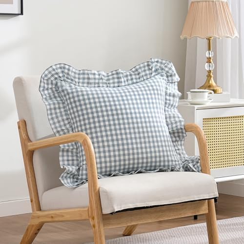 2 Pack Blue White Plaid Ruffle Throw Pillow Covers Farmhouse Checkered Chic - Image 2