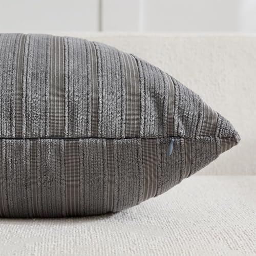 DEZENE 14x36 Grey Lumbar Pillow Covers Soft Striped Corduroy Modern Neutral Rectangular Long Body Pillow Cases for Couch Sofa Bedroom Living Room Home Decor - Image 2