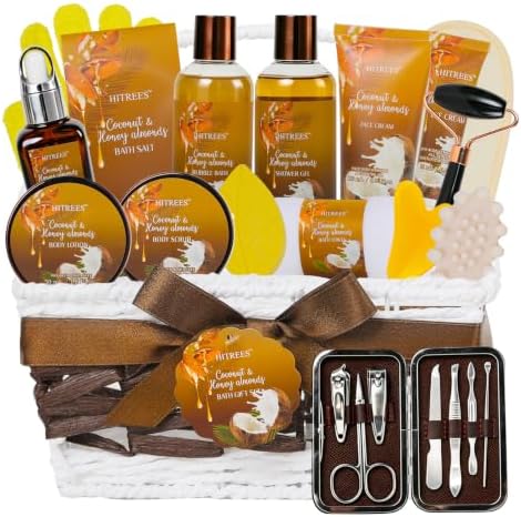 Bath and Body Gift Set, 24Pcs Coconut & Honey Almond Spa Gift Basket by HITREES