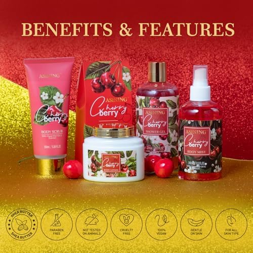 Bath & Body Basket Set, Cherry Fruit Scent Spa Gift Basket with Shower Gel, Lotions for Women Gift Set, Spa Kits for Christmas Valentine's Birthday Gift All Occasion Holiday Gift Idea Luxury Bath Set - Image 4