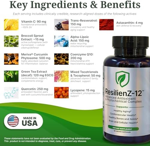ResilienZ-12 Antioxidant Supplement, 12-in-1 Healthy Aging, CoQ10, Astaxanthin, Quercetin, Meriva Curcumin Turmeric, Sulforaphane, Green Tea Extract, Resveratrol, 90 Vegan Capsules, 30 Day Supply - Image 3