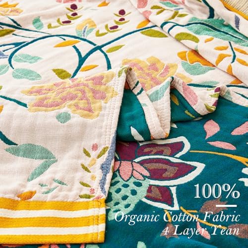 VANJOROY Boho Throw Blanket, 100% Organic Cotton Breathable Ultra Soft 91" x 108" King Bed Quilt Throw - All Season Floral Rustic Farmhouse Decor Luxury Blanket for Sofa Couch Chair and Gift - Image 6