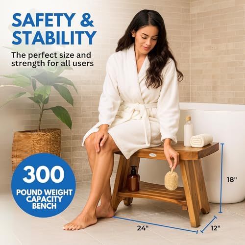 EcoDecors Serenity 24-Inch Teak Shower Bench with Shelf, 300 lb - Image 2