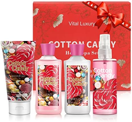 Cotton Candy Bath & Body Kit, 3 Fl Oz, Ideal Skincare Gift Home Spa Set, Includes Body Lotion, Shower Gel, Body Cream, and Fragrance Mist, Birthday Mother's Day Gifts by VitalLuxury