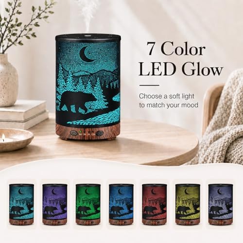 Essential Oil Diffuser 120ML Metal Aromatherapy Diffuser with Timer, Cool Mist Humidifier with Auto Shut-Off & 7 Color Lights for Home Office Spa(Wild Bear) - Image 3