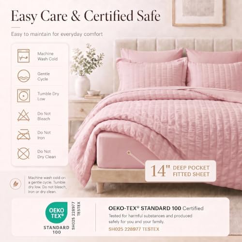 CozyLux Queen Comforter Set, 7 Pieces Pink Seersucker Bed in a Bag - Image 5