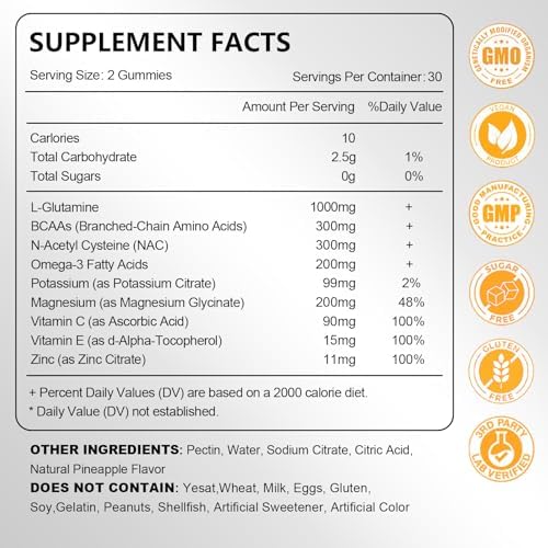 L-Glutamine Gummies 1000mg, Glutamine Supplement for Women & Men, with BCAAs, Magnesium & NAC, Support Gut, Muscle Health & Immunity, Vegan, Gluten Free, Keto Friendly, Pineapple Flavor, 60Ct - Image 2