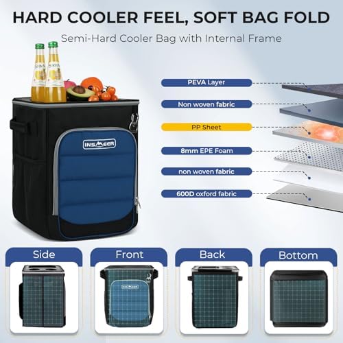 INSMEER 2-in-1 Rolling Cooler with Wheels, 60 Cans Collapsible Soft Sided Cooler on Wheels, Hard Top with 2 Cup Holders, Insulated 100% Leakproof Wheeled Cooler Bag for Beach Camping Outdoor - Image 3