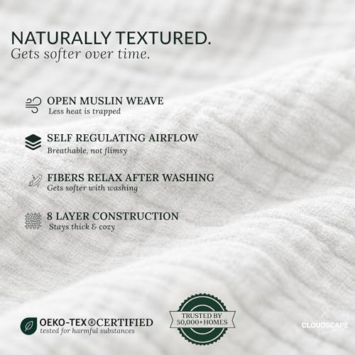 CLOUDSCAPE 8 Layer 100% Muslin Cotton Throw for Adults, Soft 50"x70" -White - Image 2