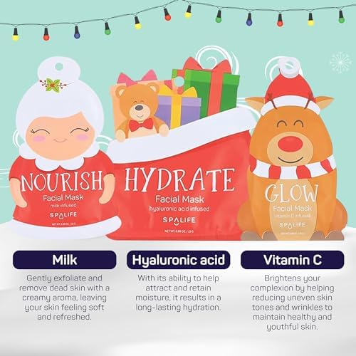 SpaLife Beauty Santa’s Squad Christmas Face Mask Bundle | Korean Facial Masks | Hydrating, Soothing, Complexion Enhancing and Firming Sheet Mask Set | Christmas Gifts for Women | 12 Pack - Image 4