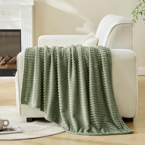 Bnuitland Sage Green Fleece Throw Blanket for Couch, 300GSM Soft Warm Cozy Fluffy Throw for Adults & Kids, Stripe Pattern 50"x60", All Season Sofa Bed Blanket for Home Decor - Image 2