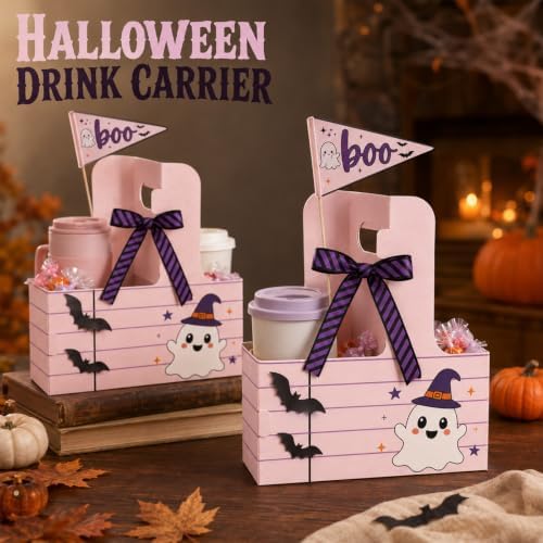 12 Set Halloween Teacher Gifts Drink Carrier Kit, Ghost Teacher Boo Basket Gifts, Disposable Cardboard Cup Holders with Handle, Ribbon and Gift Flags, for Teachers - Image 6