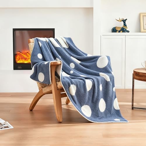 CozeCube Reversible Knitted Throw Blanket,Dusty Blue White Polka Dot60 x80 - Image 6
