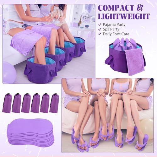 FillTouch 6 Sets Foldable Foot Bath Kit 15L Collapsible Foot Soaking Tub Bathroom Towels Women Adult Foldable Slippers with Storage Bag Spa Soak Pedicure Bath for Travel Camping (Purple) - Image 6