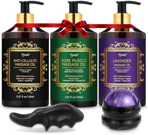 Pjordo 3 Pack Massage Oil for Massage Therapy, Lavender Oil for Relaxation, Sore Muscle Arnica Oil & Cellulite Massage Oil, with Massage Roller Ball & Thumb Saver Tool, Massage Kit for Him Her by Pjordo