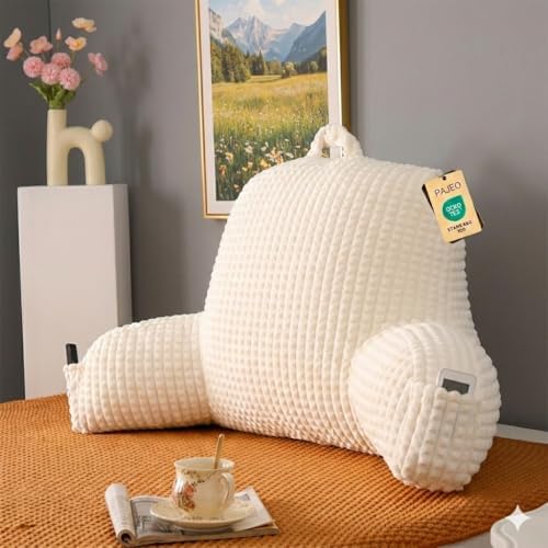 Reading Pillow with Arms for Sitting in Bed,Backrest,White Flannel,M by PAJEO
