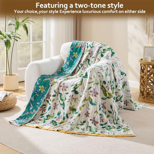 VANJOROY King Boho Throw Blanket, 100% Organic Cotton Breathable Skin-Friendly Ultra Soft 91" x 98" Bed Quilt Throw - Floral Rustic Decor Luxury Reversible Blanket for Sofa Couch Chair and Gift - Image 2