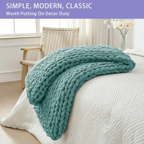 Bigacogo Chunky Knit Throw Blanket for Couch, 40x40 inches, Light Teal - Image 3