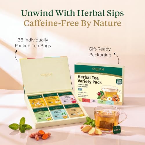 VAHDAM, Assorted Herbal Tea Gift Set (36 Tea Bags, 6 Flavors) Caffeine-Free, Non-GMO | Double Infusion, Individually Enveloped Tea Bags | Herbal Tea variety Pack | Tea Gifts for Women & Men - Image 5
