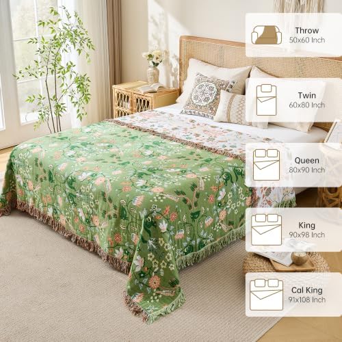 VANJOROY Boho Throw Blanket, 100% Organic Cotton Breathable Skin-Friendly Ultra Soft 80" x 90" Bed Quilt Green Throw - Floral Rustic Decor Luxury Reversible Blanket for Sofa Couch Chair and Gift, - Image 5