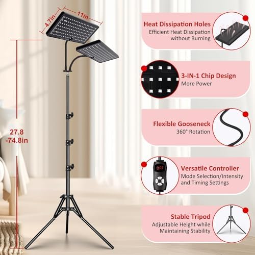 SAVILER® Red Light Therapy Lamp with Stand, 140 LEDs 660nm Red & 850nm Near Infrared Light Therapy for Face and Body, Dual Head Panel with Timer, 5 Brightness Levels, Pulse Mode, Wall or Floor Mount - Image 5