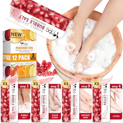 Pedicure Kit Foot Soak Set: Bubble Salt, Sugar Scrub, Massage Mask, Massage Lotion in a Box, 4 Step Foot Spa Kit for Dry Feet,Tired Feet（3 Set Pomegranate) by nbcBeautiLab