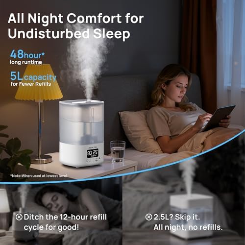 5L Top Fill Ultrasonic Humidifier,Cool Mist Humidifiers with Timer & Humidity Control for Bedroom, Baby, Large Rooms & Plants (White-2) - Image 4
