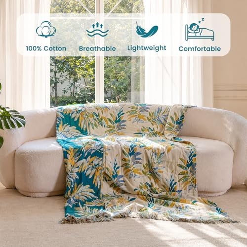 MSGKV Boho Throw Blanket 60"x80" 100% Cotton Leaves Muslin Blanket for Bed - Image 2