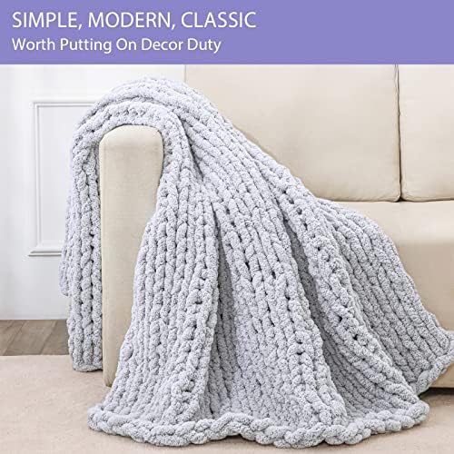 Bigacogo Chunky Knit Throw Blanket for Couch, 80x90 inches, Light Grey - Image 4