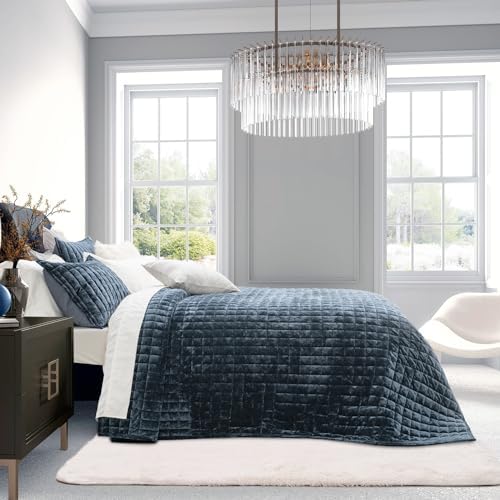 RECYCO Channel Box Stitch Velvet Quilt Set, King Size, Stormy Blue - Image 3