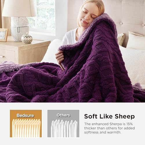 Bedsure Gentlesoft Sherpa Fleece Throw Blanket for Couch - Fluffy & Cozy Cable Jacquard Tufted Throw for Women Gift, Thick and Warm Blankets for Winter, Purple, 50x60 Inches - Image 3