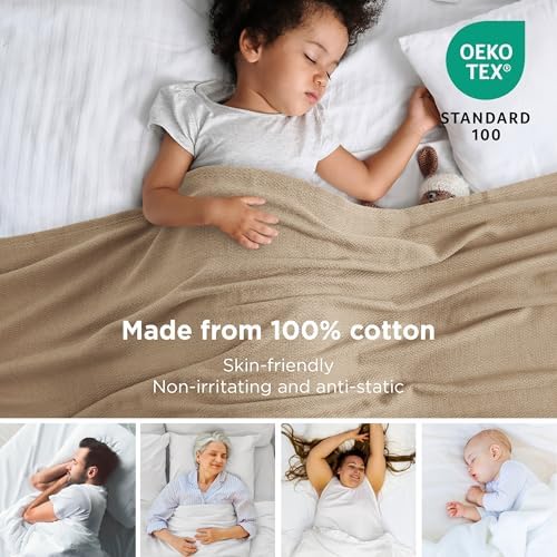 Bedsure 100% Cotton Blanket, Herringbone Weave, Full, Light Brown - Image 2