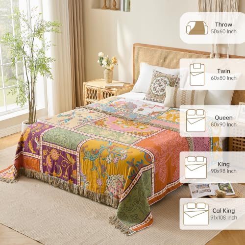 VANJOROY Boho Throw Blanket, 100% Organic Cotton Breathable Skin-Friendly Ultra Soft 80" x 90" Bed Patchwork Throw - Floral Rustic Luxury Reversible Blanket for Sofa Couch Chair and Gift, - Image 5