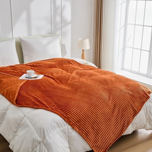 Bnuitland Burnt Orange Fleece Throw Blanket for Couch, 300GSM Soft Warm Cozy Fluffy Throw for Adults & Kids, Stripe Pattern 60"x80", All Season Sofa Bed Blanket for Home Decor - Image 6