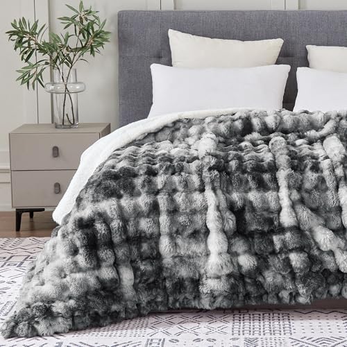 50x60 Inches Ultra-Soft Fuzzy Faux Fur Plush Throw Blanket - Thick, Warm Sherpa for Couch, Sofa, Bedroom, Camping - Decorative Blanket for Cozy Warmth, Bubble Light Grey Tie Dye - Image 6