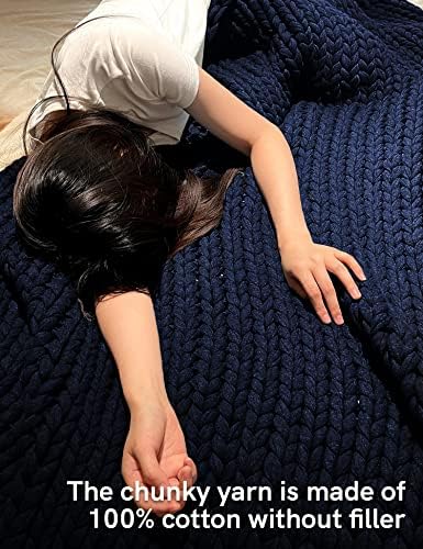 YnM 100% Cotton Weighted Blanket, Handmade Chunky Knitted Throw, No fillers Design, Soft and Breathable, Machine Washable Bed Blanket for Sleep or Home Decor (Navy Blue, 60x80 Inch, 25lbs) - Image 4