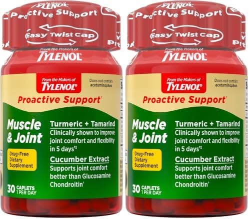 Tylenol Proactive Support* Muscle & Joint Supplement, Drug-Free Daily Turmeric Supplement + Tamarind + Cucumber Extract, Improves Joint Comfort & Flexibility in 5 Days*, 30 ct (Pack of 2) by Tylenol