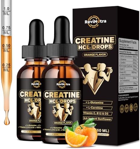 2 Pack Creatine HCL Liquid Drops for Men & Women, 1500mg Liquid Creatine Hydrochloride, High Absorption, 2 Fl Oz, Sugar-Free Orange Flavor by ReviNutra