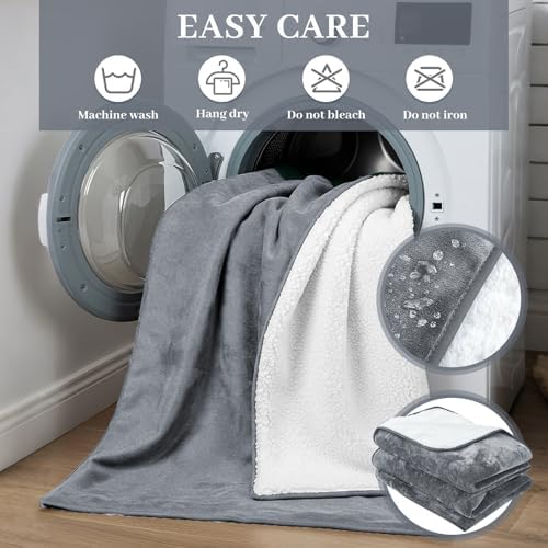 Tisancy King Size Waterproof Blanket for Bed Couch, 80'' x 80'' Double Side Leakproof Reversible Sherpa Flannel Fleece 3-Layer Lightweight Blanket, Absorbs 70oz(Gray/White), Machine Washable - Image 5