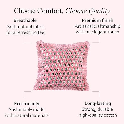 CPC Poppy Pink Ruffle Throw Pillow Covers for Couch, 16x16 Inch Cotton Stripe Ruffle Couch Pillows for Living Room, Hidden 12 Inch Zipper Boho Pillow Case or Cute Outdoor Pillows - Image 2