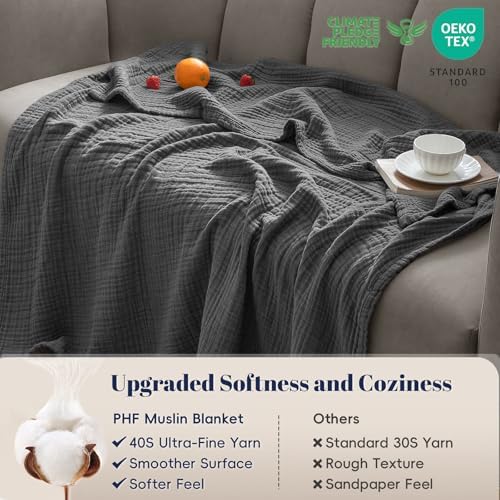 PHF 100% Cotton Muslin Throw Blanket 50" x 60", 4-Layer Lightweight Gauze Throw, Breathable Cloud-Soft Minimalist Blanket for Bed, Couch, Camping & Baby, Greyish Black, Ideal Gift - Image 4
