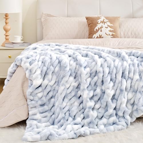 Touchat Ruched Rabbit Faux Fur Blanket Twin, Fluffy Soft Cozy,Tie-dye Blue - Image 5