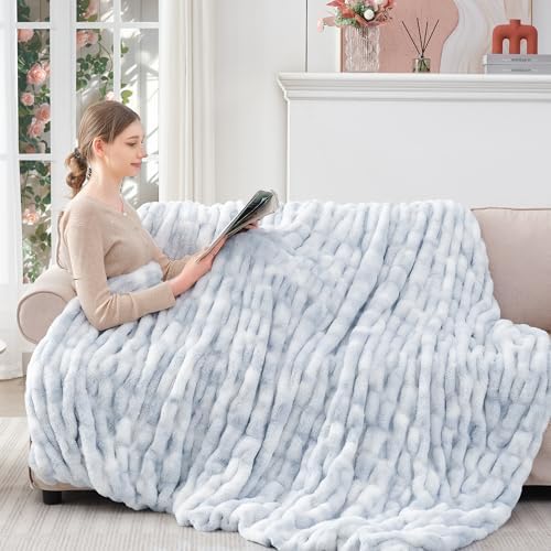 Touchat Ruched Rabbit Faux Fur Blanket Twin, Fluffy Soft Cozy,Tie-dye Blue - Image 7